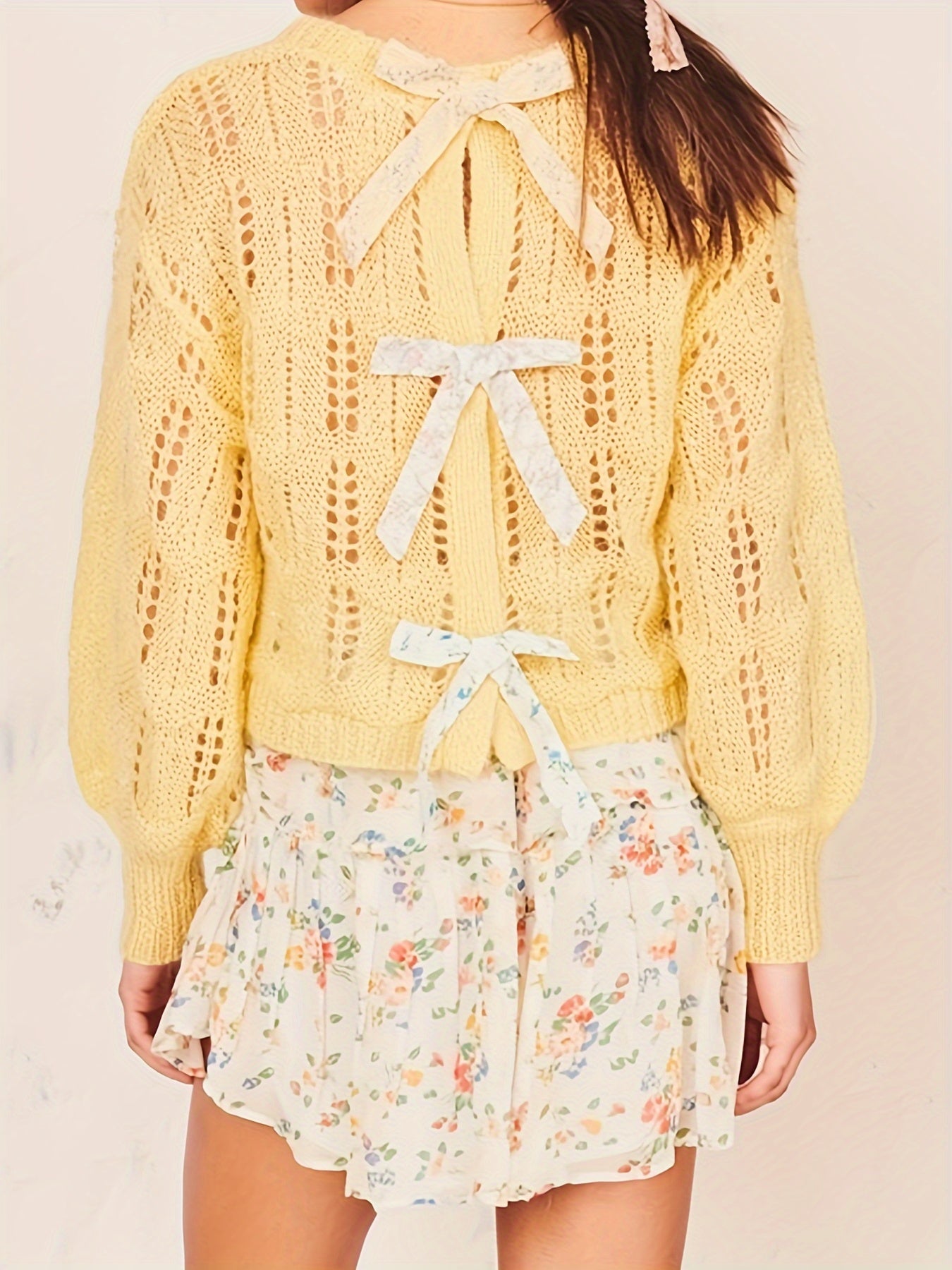 1pc Women'S Casual Polyester V-Neck Sweater with Back Bow Detail - Solid Color, Elegant Loose Fit Pullover for Autumn & Winter, Versatile for Travel & Clubwear