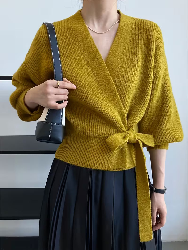 100% Wool Women'S Mustard Yellow V-Neck Cardigan Sweater | Belted Waist & Asymmetrical Hem, Lightweight Long Sleeve Blazer-like Jacket for Spring/Fall, Casual or Formal Outfits, Solid Color, Versatile Layering Piece