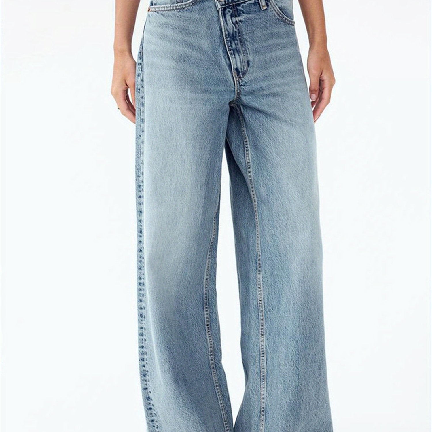 Women's Mid-Rise Wide Leg Jeans - -Washed Crossover Trousers with   & Multiple Pockets, Relaxed Loose-Fit Denim Pants for All-Season Wear, Casual to Dressy (Button Closure, Machine Washable)