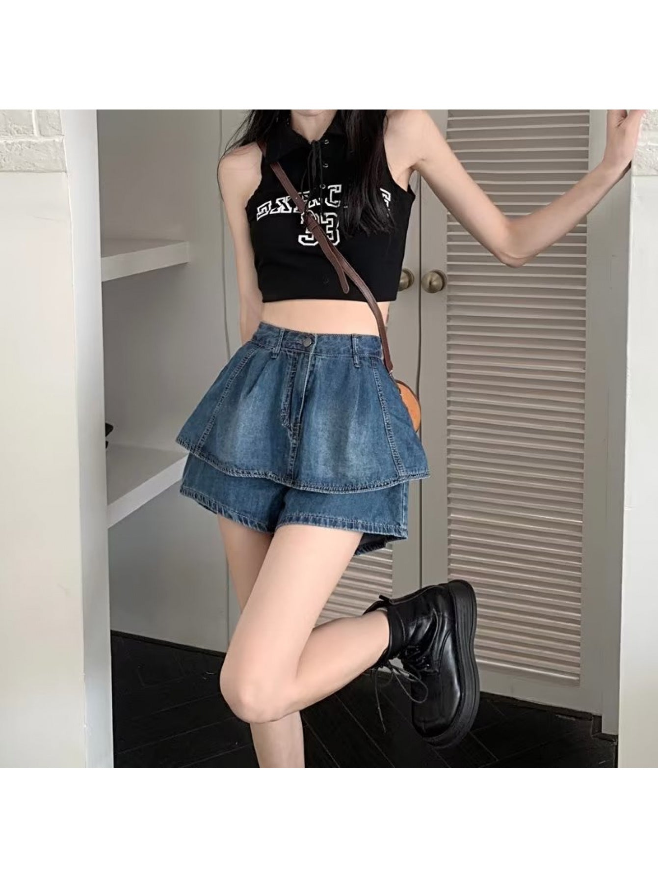 Women's Vintage High Waisted Skirt Pants - Short Skirt with Ruffle details (no ), Loose-Fit summer for a retro Western Style - Cake Skirt Pants