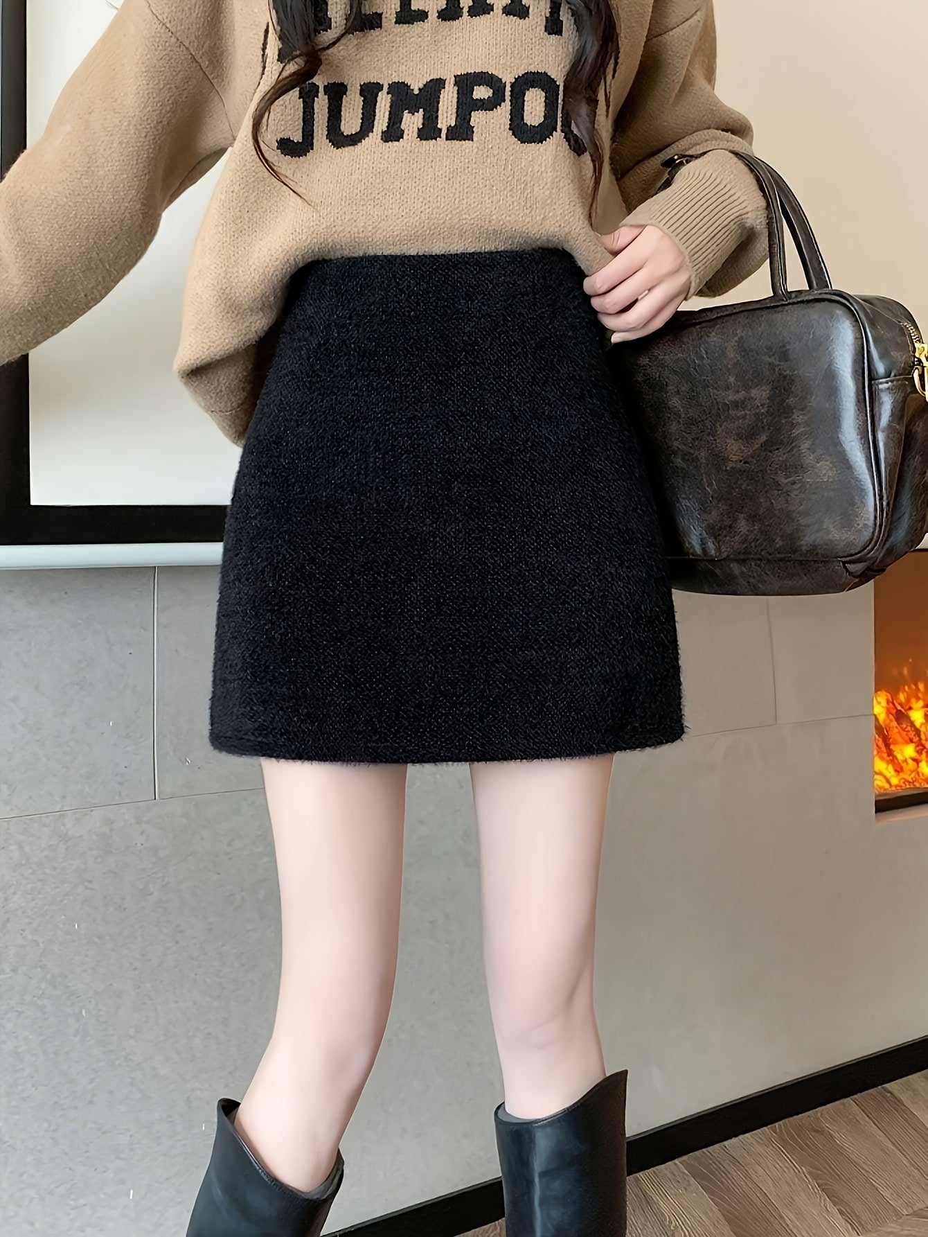 Women'S High-Waist A-Line Plush Skirt - Cozy Fleece-Lined, Solid Color, Casual Style for Fall\u002FWinter, Perfect for Petite Figures, Casual Winter Wear | Aline Skirt | Plush Fleece Skirt