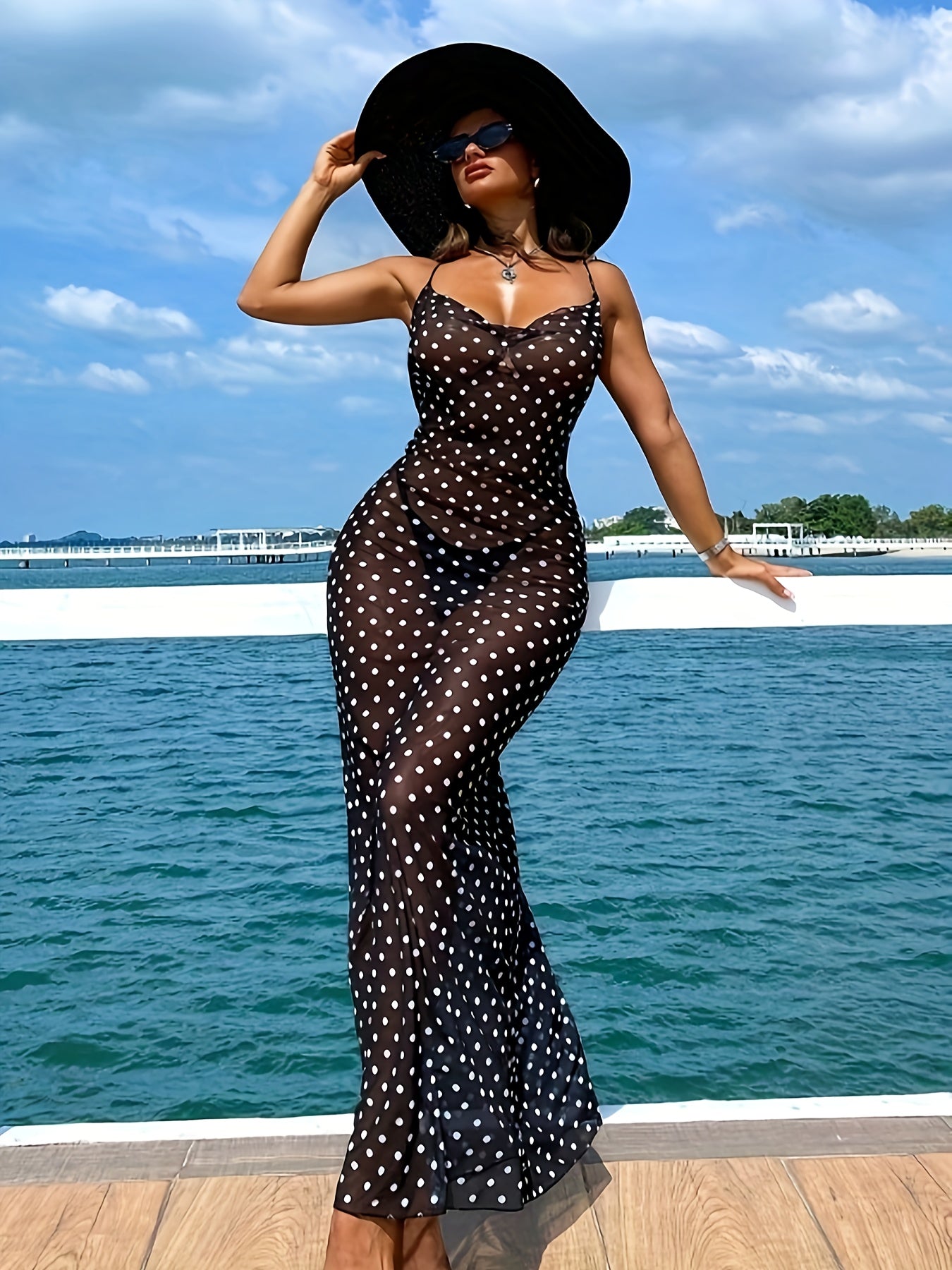 Women'S Elegant Polka Dot Slip Dress with Adjustable Thin Straps - Perfect for Summer Vacations, Beach Cover-Up, and Casual Outings, Beach Coverup Dress | Stylish Maxi Dress | Polyester Fabric