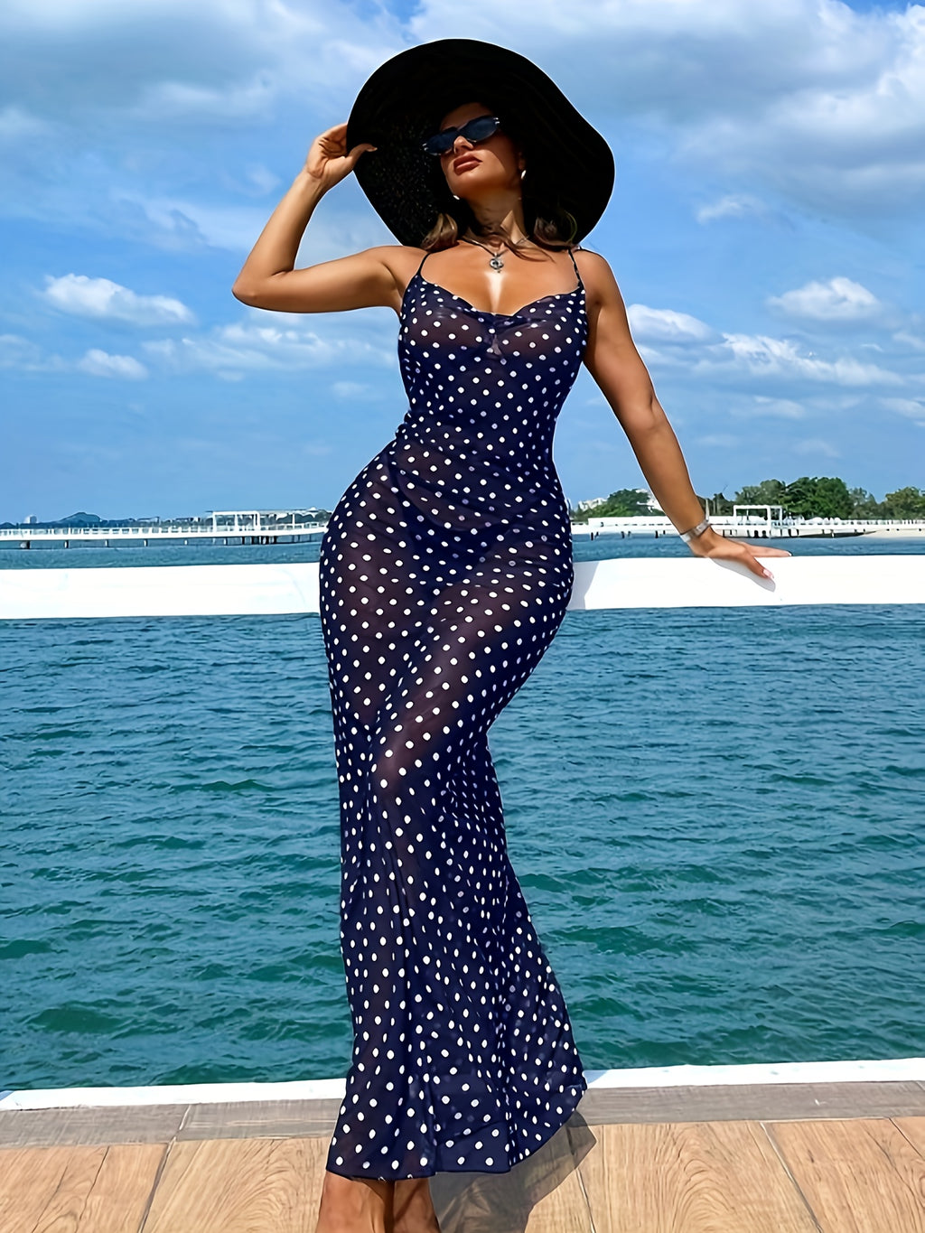 Women'S Elegant Polka Dot Slip Dress with Adjustable Thin Straps - Perfect for Summer Vacations, Beach Cover-Up, and Casual Outings, Beach Coverup Dress | Stylish Maxi Dress | Polyester Fabric