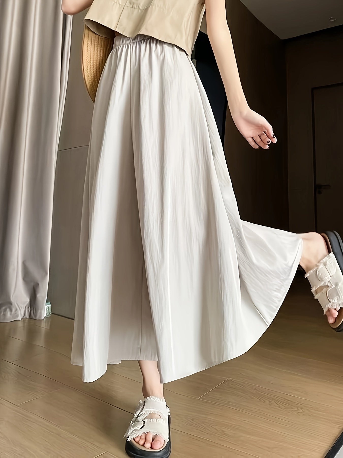 Women'S High-Waisted Wide-Leg Culottes - Loose Fit Elastic Waist Casual Summer Skirt, Solid Color Beige, Perfect for Weekend Outings & Casual Attire, Comfortable Clothing, Minimalist Style, Smooth Texture Fabric