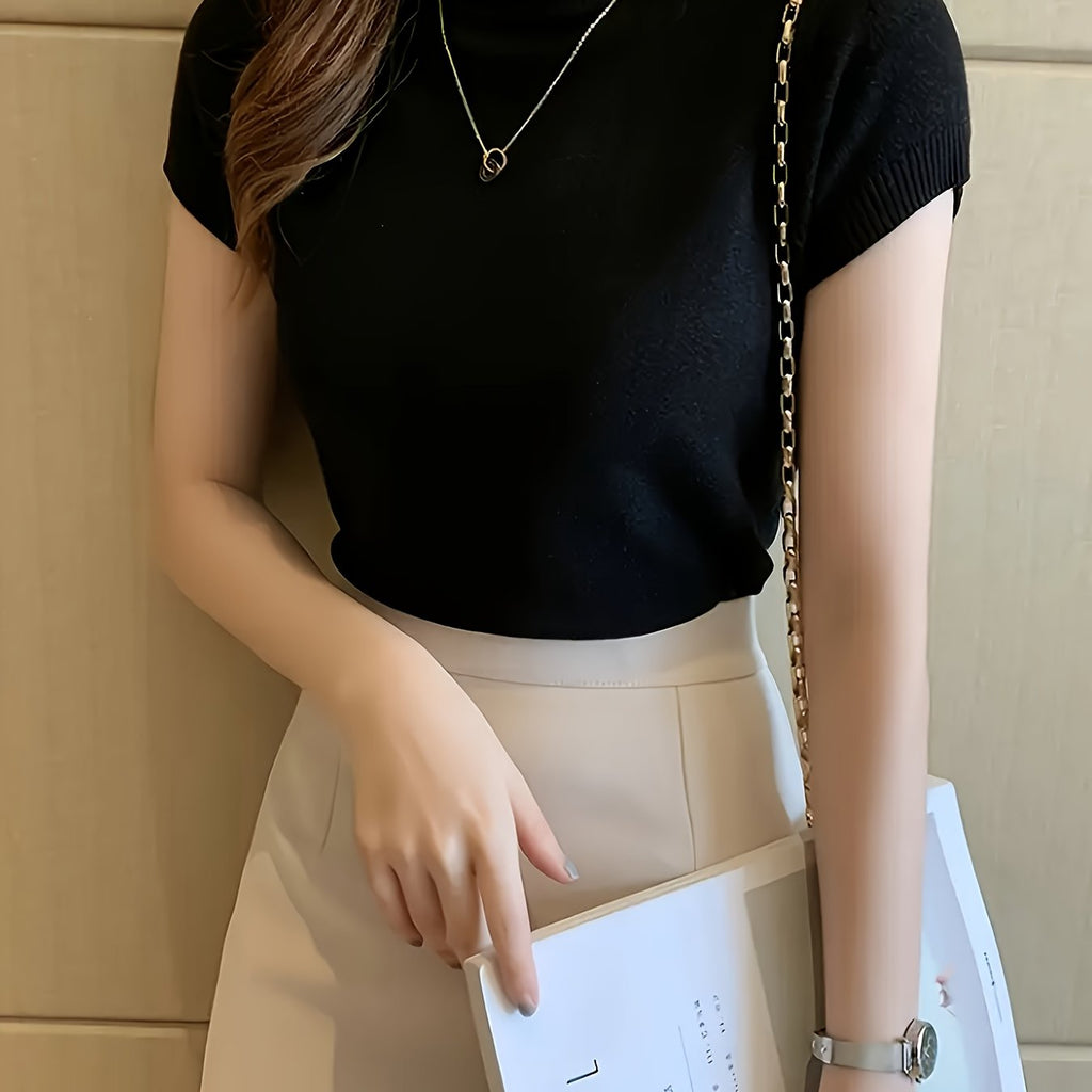 Women's Chic Sweater - Stretchy Office to Party Top, Non-See-Through Slim Fit Shirt for Spring\u002FSummer\u002FFall, Machine Washable Everyday & Formal Outfits, Seasonal Fashion, Highneck Design, Comfortable Wear