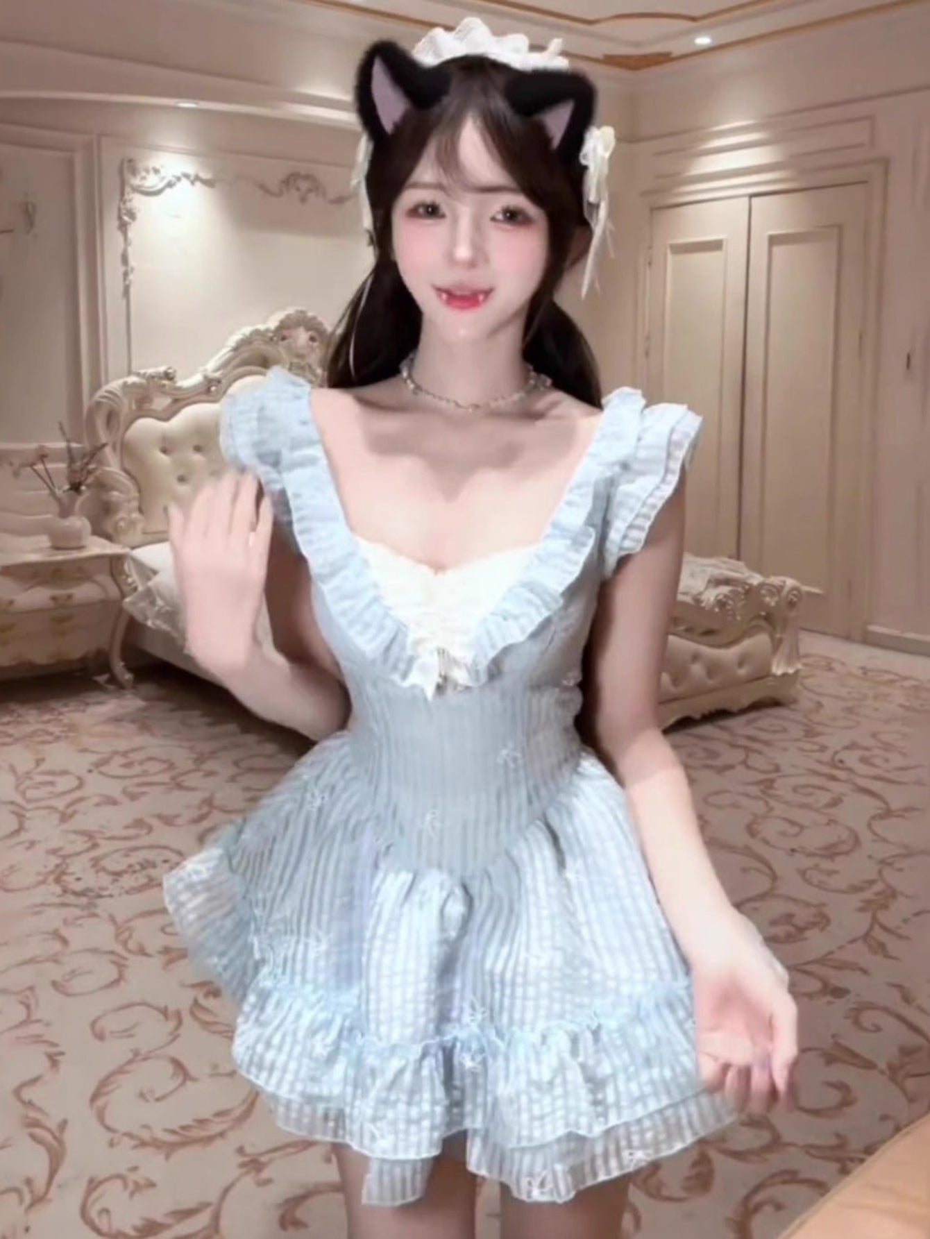 Women's French-Inspired Short Sleeve A-Line Dress with Lace Trim & Smock Bodice - Slim-Fit Mini Wedding Guest Dress, Boned Waist Vintage Style Party Dress for Petite Ladies, Hand Washable (No Elastic) - All-Season Elegant Outfit