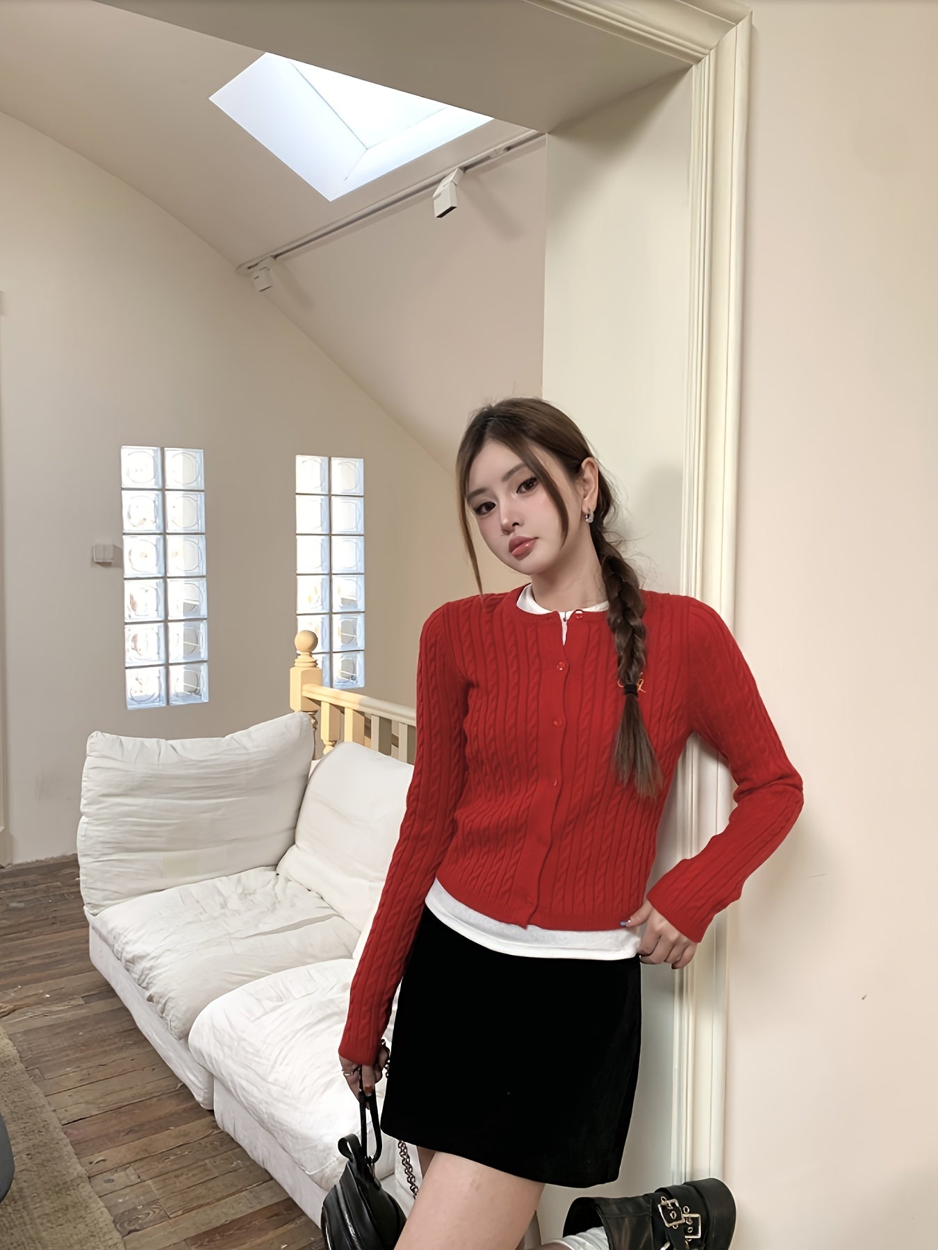 Women's Korean-Style Red Letter- Slim-Fit Cardigan Sweater - H-Line Silhouette, Round Neck Long Sleeve Winter Jacket, Korean Fashion Sweaters for Fall\u002FWinter Layering (Casual & Formal Wear)