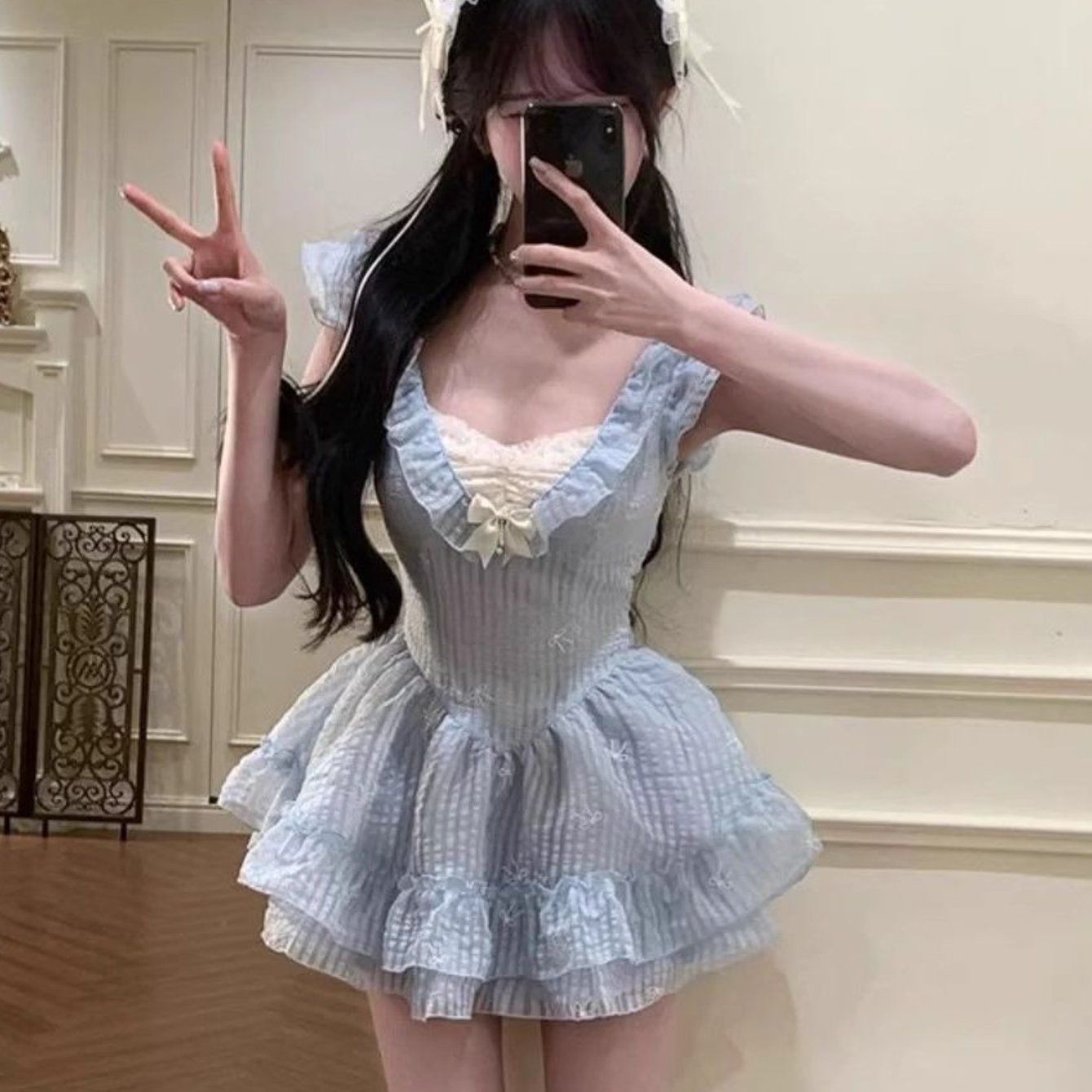 Women's French-Inspired Short Sleeve A-Line Dress with Lace Trim & Smock Bodice - Slim-Fit Mini Wedding Guest Dress, Boned Waist Vintage Style Party Dress for Petite Ladies, Hand Washable (No Elastic) - All-Season Elegant Outfit