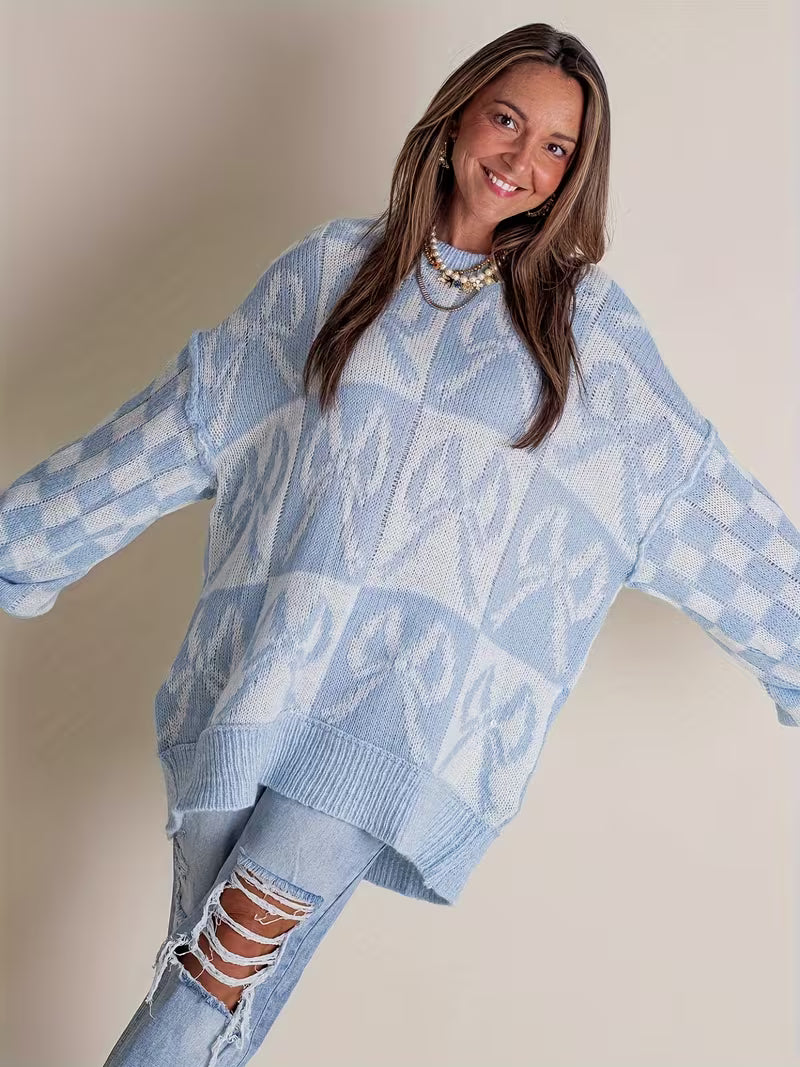 Women'S Casual Crew Neck Plaid Knit Sweater, Polyester Long Sleeve Pullover, with Butterfly Pattern, for Fall/Winter