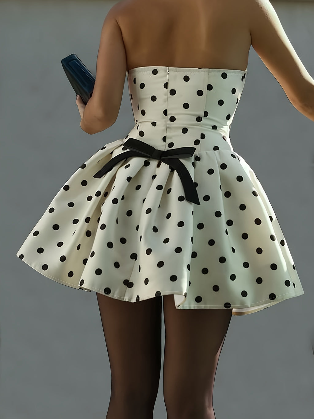Elegant Off-Shoulder Polka Dot Mini Dress with Back Bow Detail - A-Line Mini Dress for Women, Perfect for Spring\u002FSummer\u002FFall, White with Black Dots, Polyester Fabric, Cute Dresse