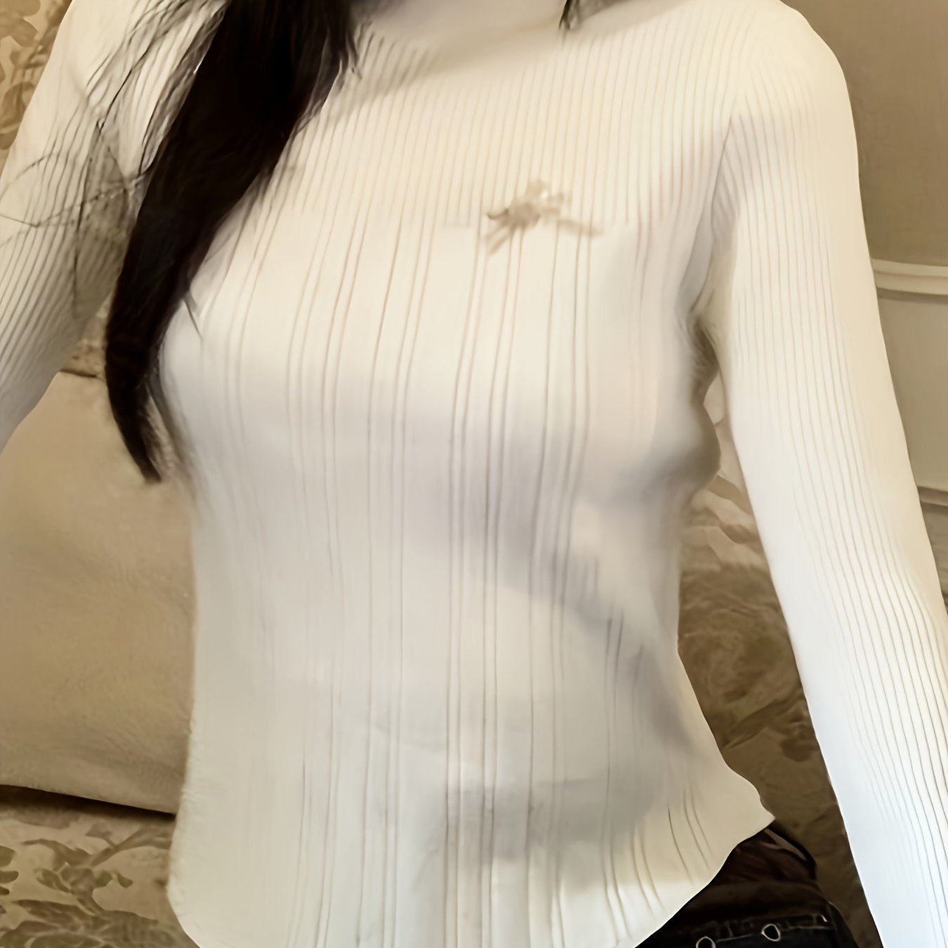 Women's Elegant Ribbed Knit Sweater - High Neck, Long Sleeve, Solid White, Slim Fit, Machine Washable, Polyester, All-Season Style, Ladies Sweaters