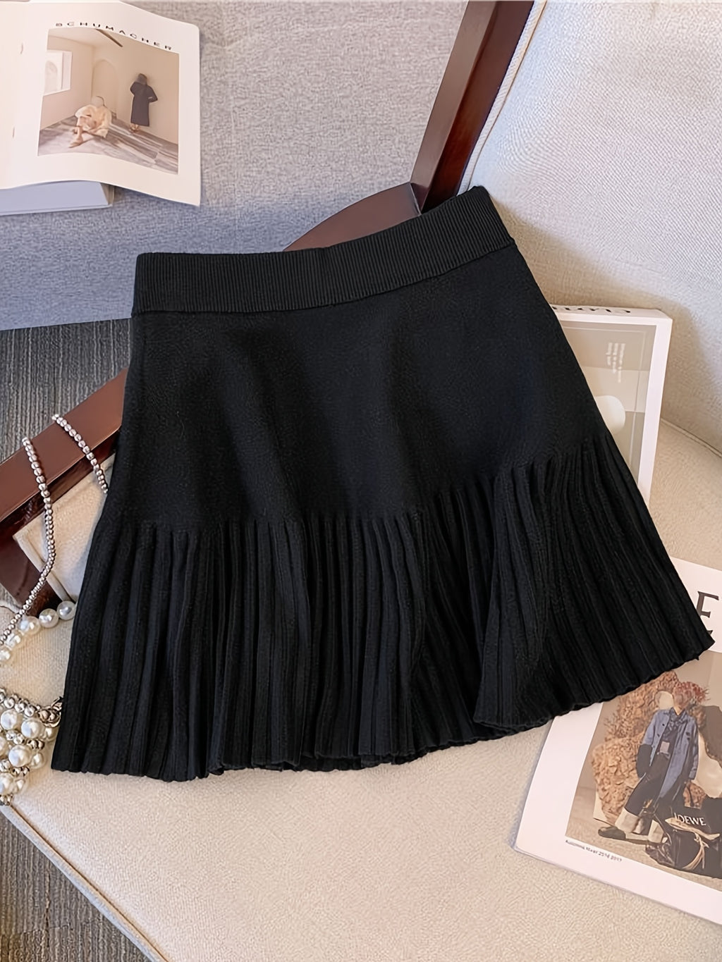 Women'S High-Waist Pleated Skirt - Cozy Black A-Line Mini Skirt for Fall & Winter, Casual Style with Fringe Detail, Perfect for Casual Attire, Cozy Clothing | Fringe Skirt | Construction, High Waisted Skirt