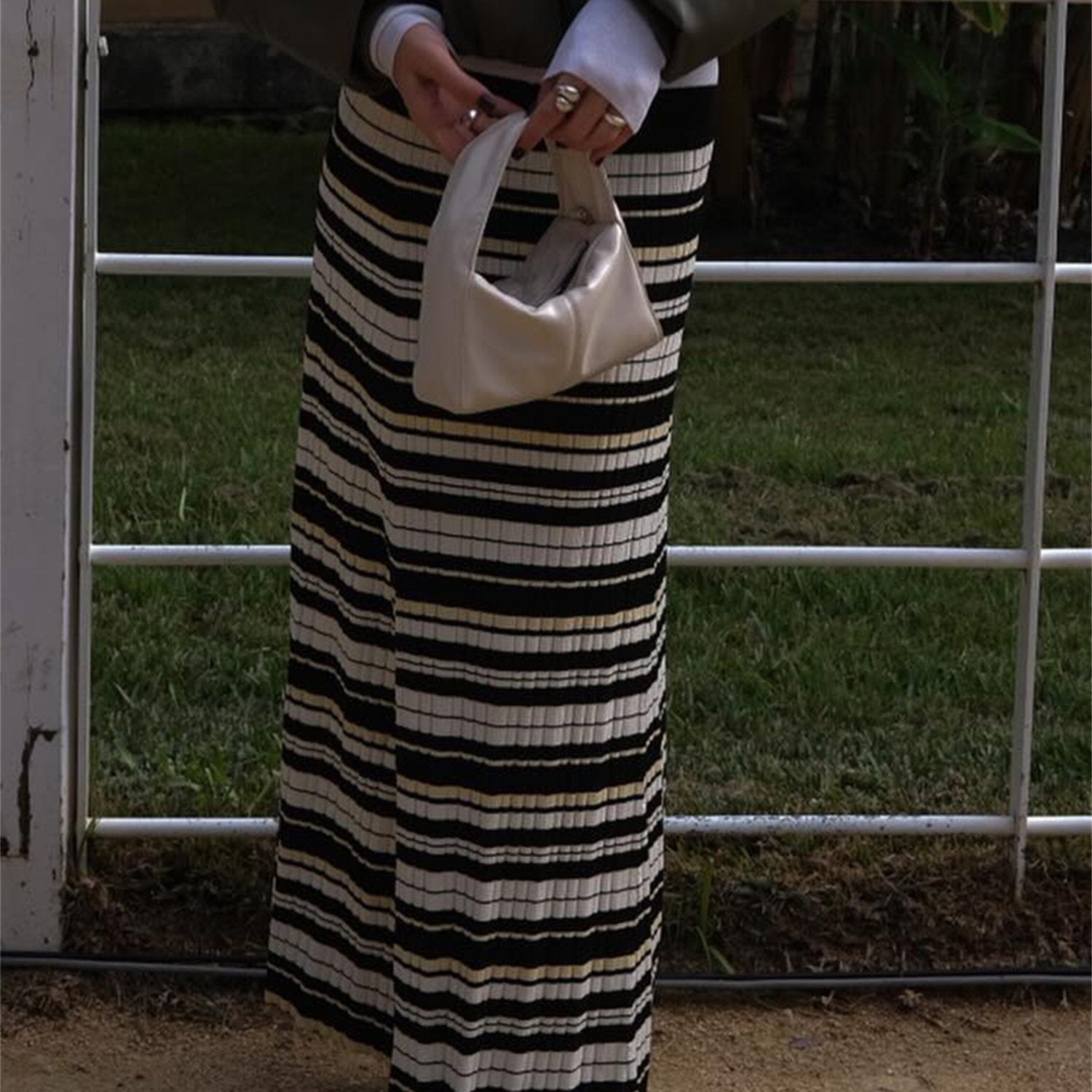 1pc Viscose High-Waist Knit Skirt for Women - Chic Striped Pattern, Slim Fit Long Skirt, All-Season Versatile Fashion