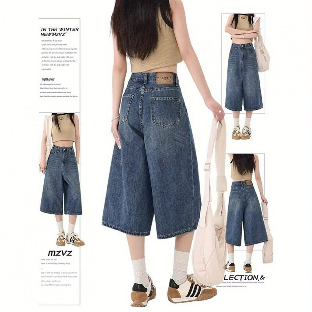 Loose Wide-Leg Cropped Jeans Women- Summer New High-Waist Retro Style Washed Distressed Straight Leg Bermuda Shorts Fit