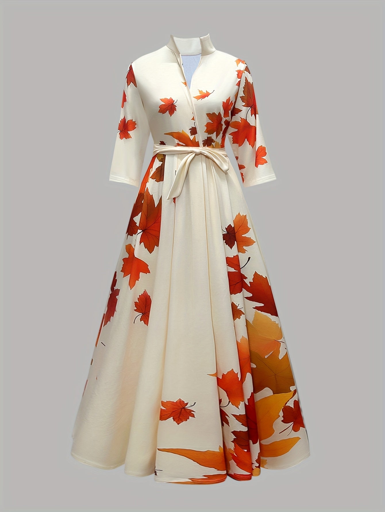Women's Elegant A-Line Maxi Dress with Short -Inspired Maple Leaf Print - & Mustard Yellow Fitted Bodice & Flowy, Stand Collar Formal Party Wedding Guest Dress, Machine Washable Autumn Fall Gown