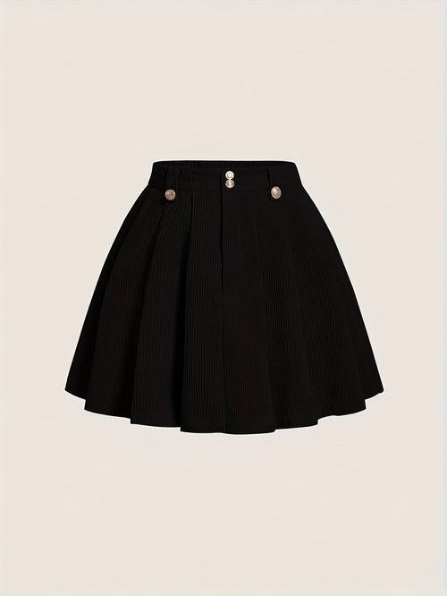 1pc Elegant Pleated Polyester Skirt for Women, Summer Solid Color A-Line Woven Skirt with Button Detail
