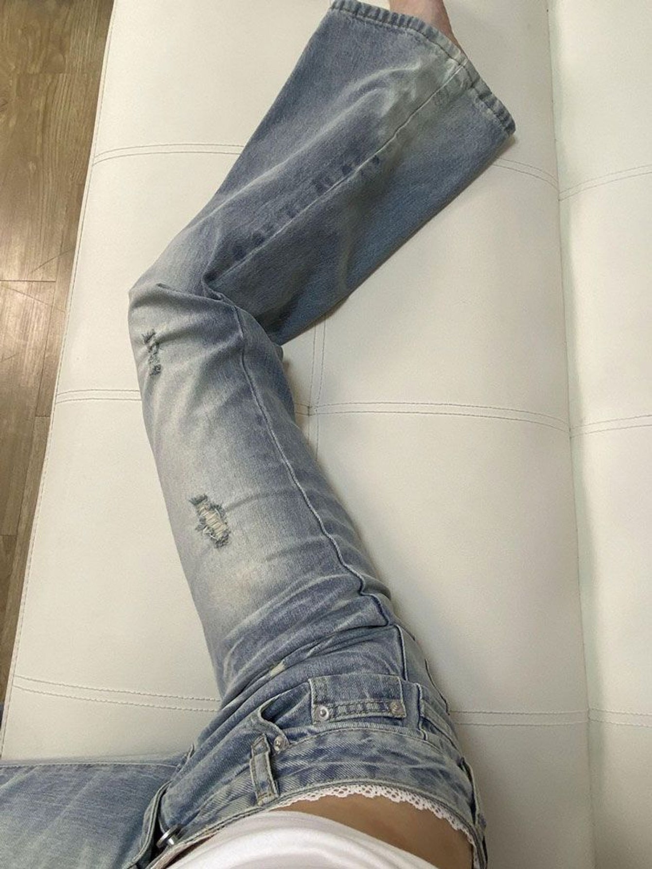 Women'S High-Waisted Ripped Flared Jeans - Slim Fit, Stretch Denim, Button Detail, Casual Summer Style, Light Blue, Loose Fit, High Waist, Casual Summer Wear|Ripped Flared Jeans|Slim Fit Jeans