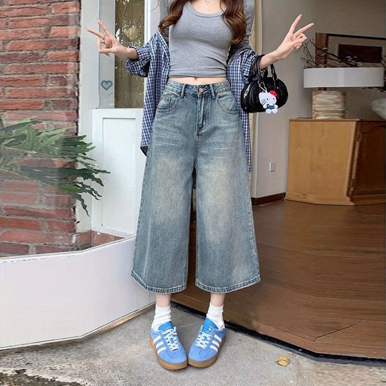 Women'S Vintage Washed Cropped Jeans, Summer High-Waisted Straight Wide-Leg Trousers, Mid-Length Eight-Quarter Pants for Petite Sizes