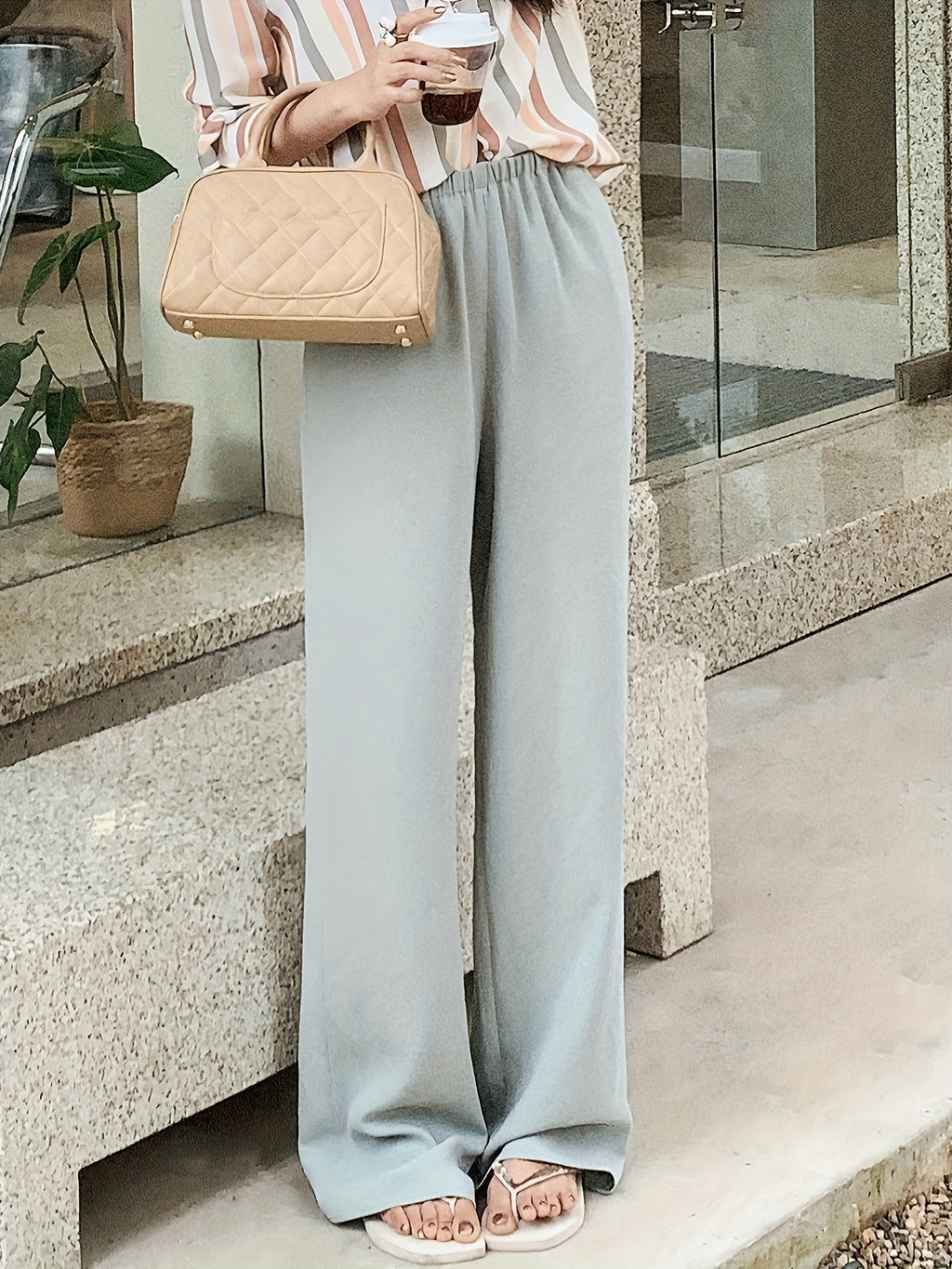 Women's Light Grey Straight-Leg Casual Pants - Non-Stretch Acetate Trousers with Pockets, Regular Fit Long Length for Spring\u002FFall, Versatile for Commuting & Casual Outings, Spring Fall Clothing, Minimalist Design, Practical Pockets