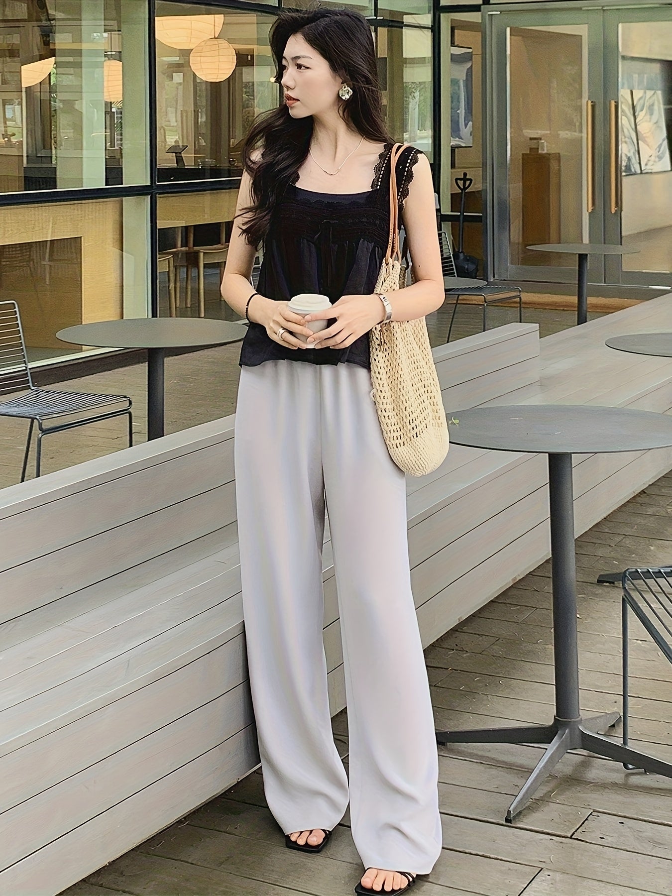 Women's Light Grey Straight-Leg Casual Pants - Non-Stretch Acetate Trousers with Pockets, Regular Fit Long Length for Spring\u002FFall, Versatile for Commuting & Casual Outings, Spring Fall Clothing, Minimalist Design, Practical Pockets