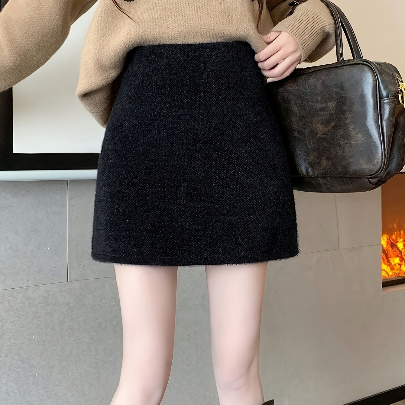 Women'S High-Waist A-Line Plush Skirt - Cozy Fleece-Lined, Solid Color, Casual Style for Fall\u002FWinter, Perfect for Petite Figures, Casual Winter Wear | Aline Skirt | Plush Fleece Skirt
