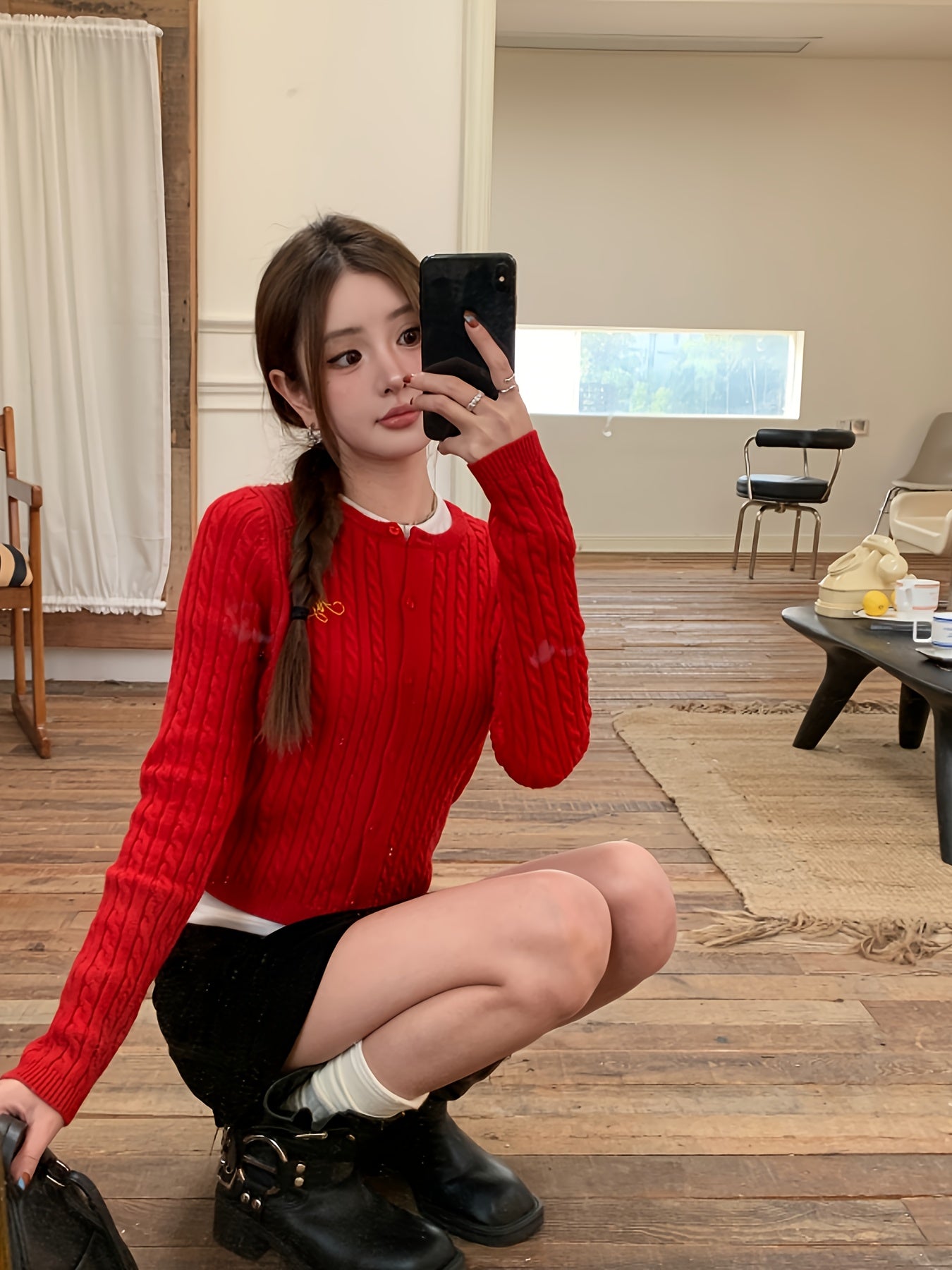 Women's Korean-Style Red Letter- Slim-Fit Cardigan Sweater - H-Line Silhouette, Round Neck Long Sleeve Winter Jacket, Korean Fashion Sweaters for Fall\u002FWinter Layering (Casual & Formal Wear)