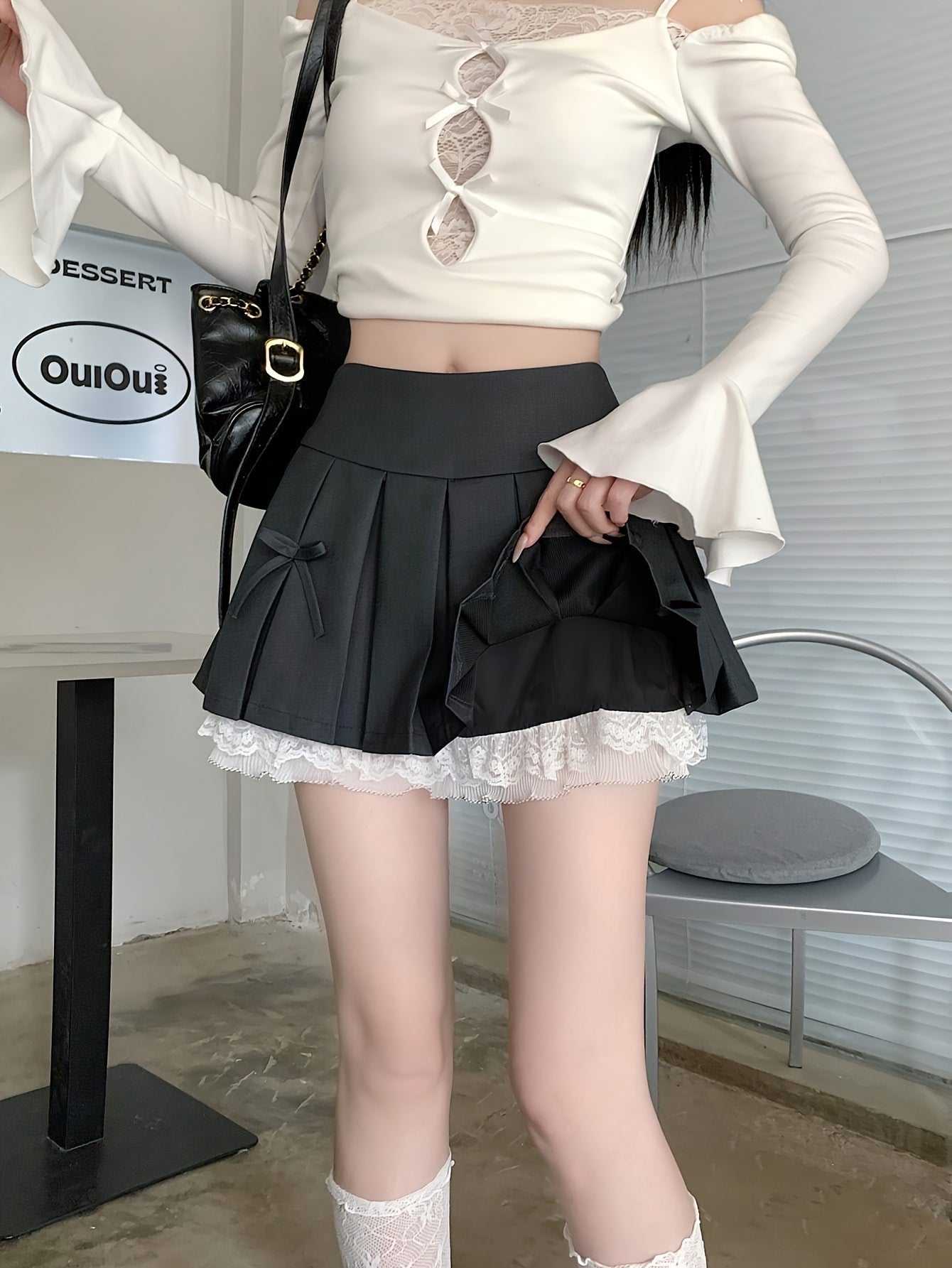 Women'S A-Line Pleated Skirt with Lace Trim & Bow Accents - Black Casual Layered Skirt for Spring Summer Fall, Versatile for Casual & Formal Outfits, Seasonal Fashion, Feminine Style, Quality Stitching, Fashion Lovers