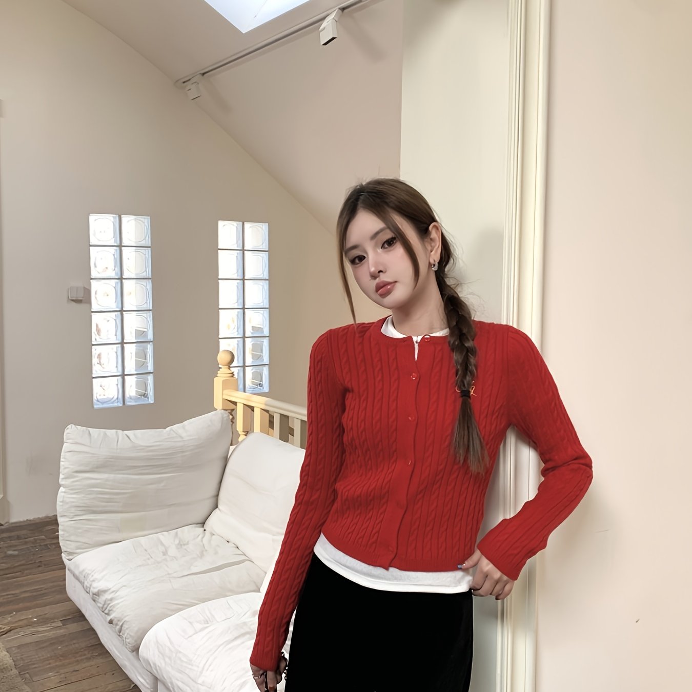 Women's Korean-Style Red Letter- Slim-Fit Cardigan Sweater - H-Line Silhouette, Round Neck Long Sleeve Winter Jacket, Korean Fashion Sweaters for Fall\u002FWinter Layering (Casual & Formal Wear)