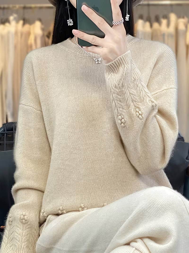 100% WOOL Women'S Elegant Sweater | Soft Long Sleeve Pullover with Round Neck, Neutral Tones, Button Details - Cozy Fall/Winter Sweater for Everyday & Formal Outfits