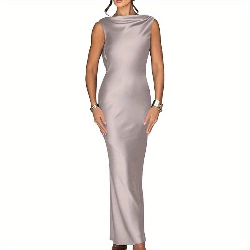 Memoriesea Women'S Satin Elegant Sleeveless High Neck Tie Cocktail Party Maxi Dress
