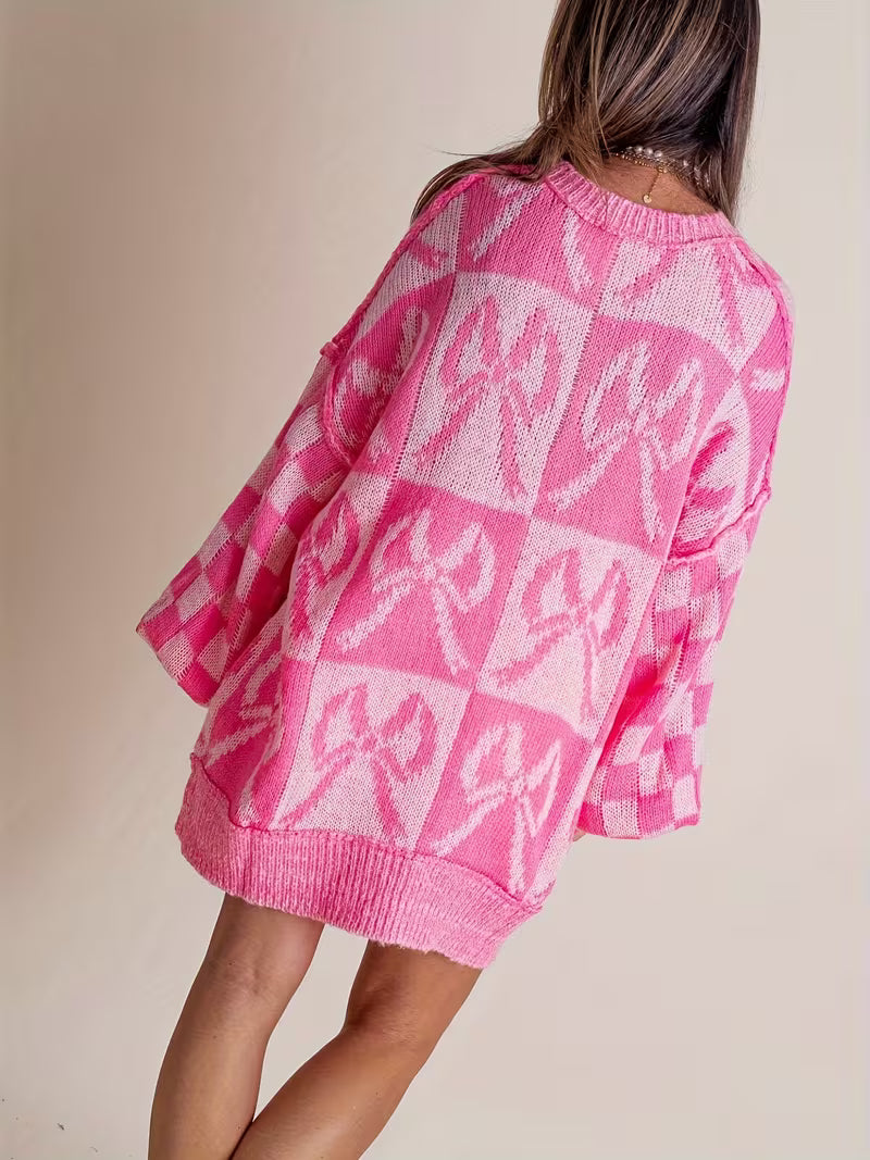 Women'S Casual Crew Neck Plaid Knit Sweater, Polyester Long Sleeve Pullover, with Butterfly Pattern, for Fall/Winter