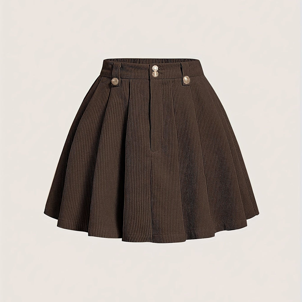 1pc Elegant Pleated Polyester Skirt for Women, Summer Solid Color A-Line Woven Skirt with Button Detail