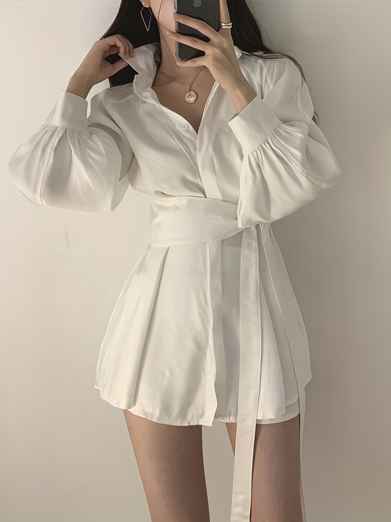 Temperament Waist Slim Blouse Spring And Autumn Design Sense Niche Balloon Sleeve Mid-length Shirt Dress Casual Big-name Versatile Comfortable Dress Set
