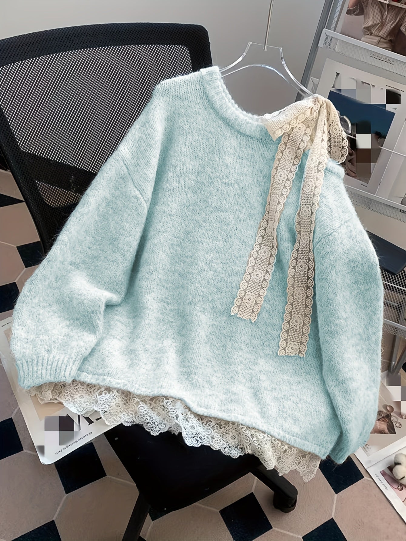 European and American Autumn-Winter New Fashion Heavy-Duty Contrast Lace Splicing Bow Mid-Length Sweater Pullover Jacket for Women