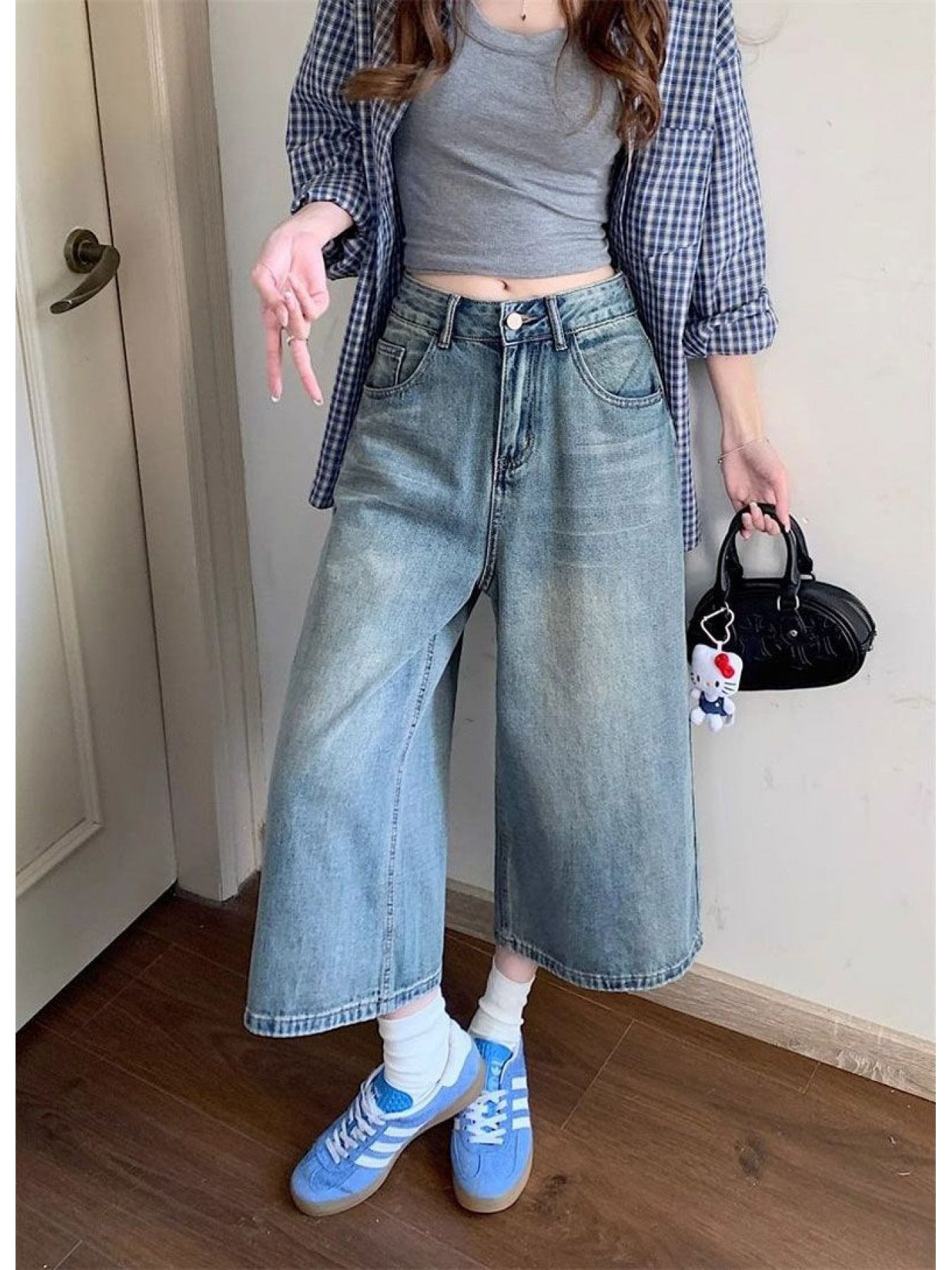 Women'S Vintage Washed Cropped Jeans, Summer High-Waisted Straight Wide-Leg Trousers, Mid-Length Eight-Quarter Pants for Petite Sizes