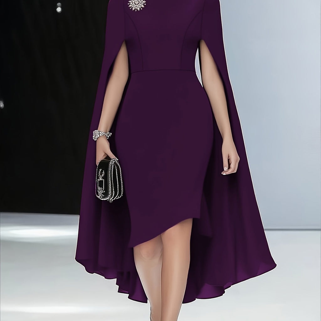 Women'S Elegant Solid Brown Dress with Puff Sleeves & Zipper Back - Round Neck, Flared Hem, All-Season Versatile Formal & Casual Outfits, Chic Office Attire, Comfortable Fabric