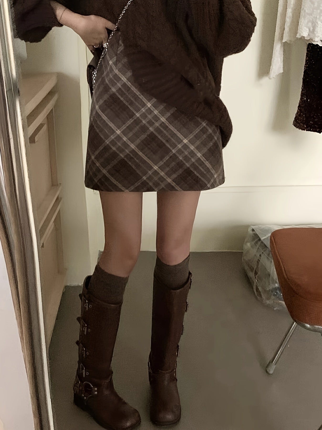 Women'S A-Line Plaid Skirt with Back Zipper - Flared Hem, Short Length, Solid Color, Fall\u002FWinter Collection, Versatile & Stylish Design, Perfect for Casual Attire, Casual Attire Skirt | Aline Skirt | Zipper Detail