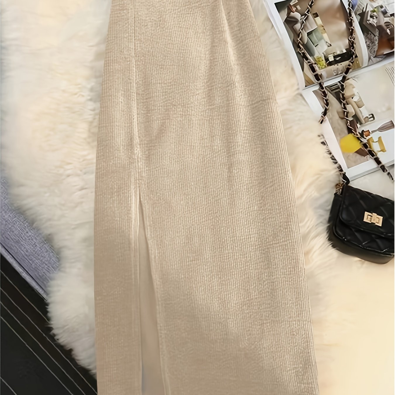 Women's Elegant Vintage Corduroy A-Line Skirt - High-Waisted Long Winter Skirt with Slant Split, Brown Corduroy Pants-like Style (No Elastic), Machine Washable Fall\u002FWinter to Party Outfits - Tailored Fit Non-Stretch Skirt