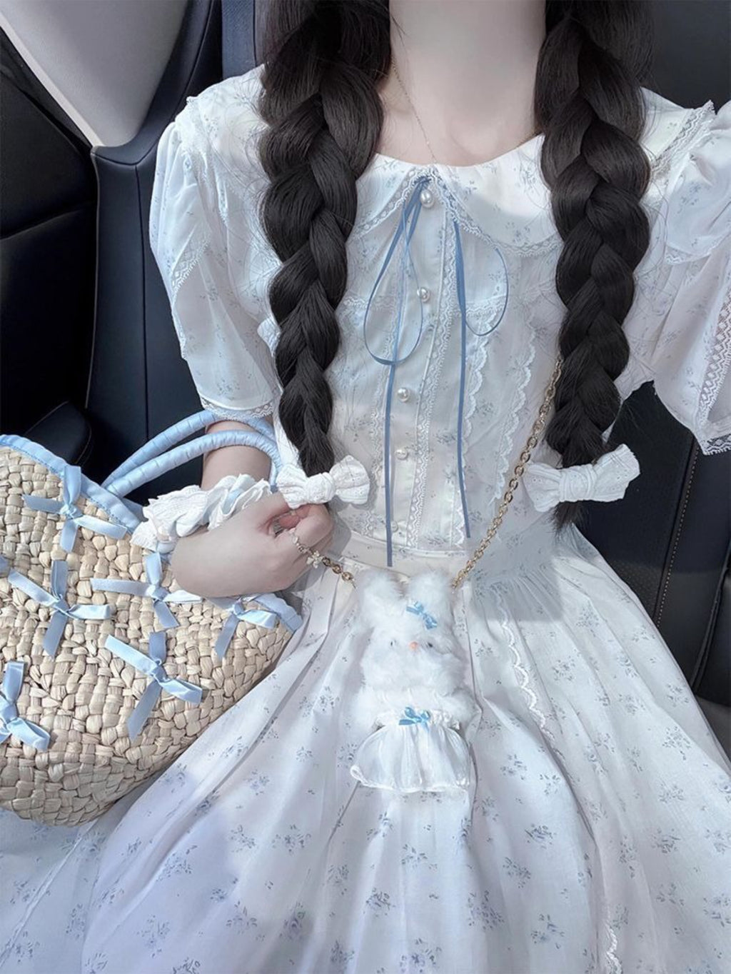 Women's Elegant Floral Print A-Line Dress with Spaghetti Strap & Smock Neckline - Slim-Fit Waist, Full Skirt, Blue Floral Pattern on White - All-Season Semi-Sheer Long Dress for Casual to Semi-Formal Events, Hand Washable Lightweight Fabric