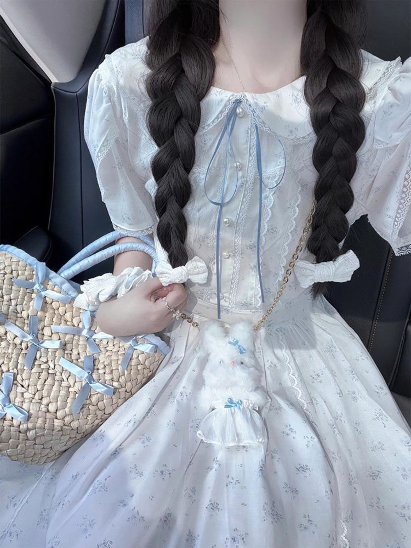 Women's Elegant Floral Print A-Line Dress with Spaghetti Strap & Smock Neckline - Slim-Fit Waist, Full Skirt, Blue Floral Pattern on White - All-Season Semi-Sheer Long Dress for Casual to Semi-Formal Events, Hand Washable Lightweight Fabric