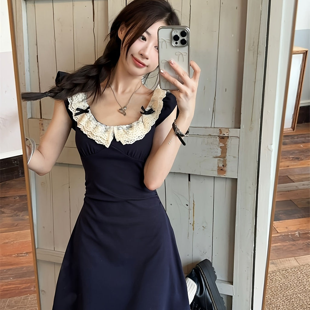 Women's French-Inspired Lace Trim Dress - Short Flying Sleeve A-Line Smock Dress with High Waist Hugging Silhouette, Navy Blue & White Collar, Short Length Petite-Friendly Dress for Parties Weddings Daily Wear (Machine Washable) 2025
