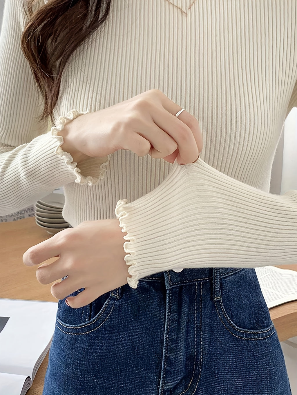 Women's Slim-Fit Korean\u002F Inspired High-Neck Sweater - Ruffled Collar & Sleeve Trim, Beige Pullover, Long Sleeve Blouse for Spring\u002FFall Layering, Casual & Formal Wear ( Kimono-Inspired Style)