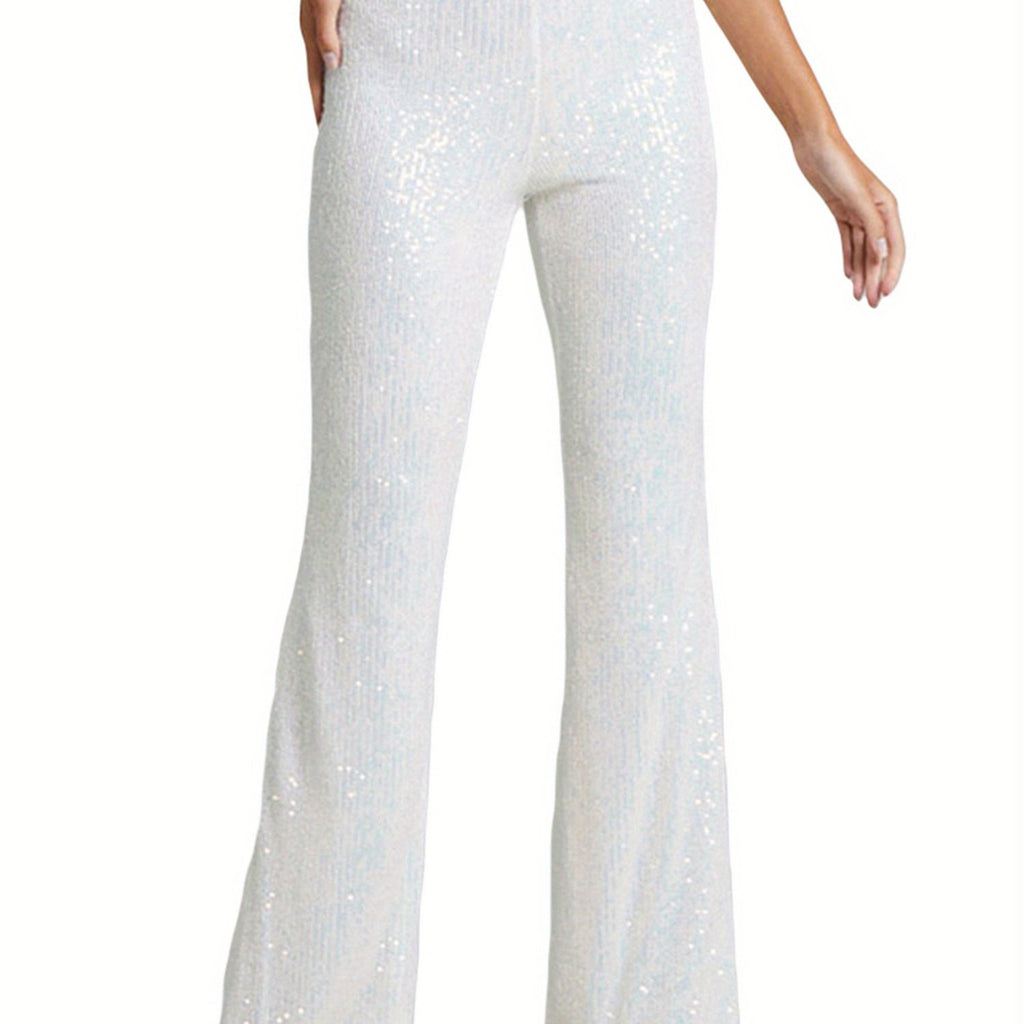 Women'S Elegant High-Waist Slim Flared Pants with Sequin Detail - Black, Elastic Waistband, Bell Bottoms for Spring\u002FSummer\u002FFall, Seasonal Fashion, Sophisticated Style, Glittery Finish
