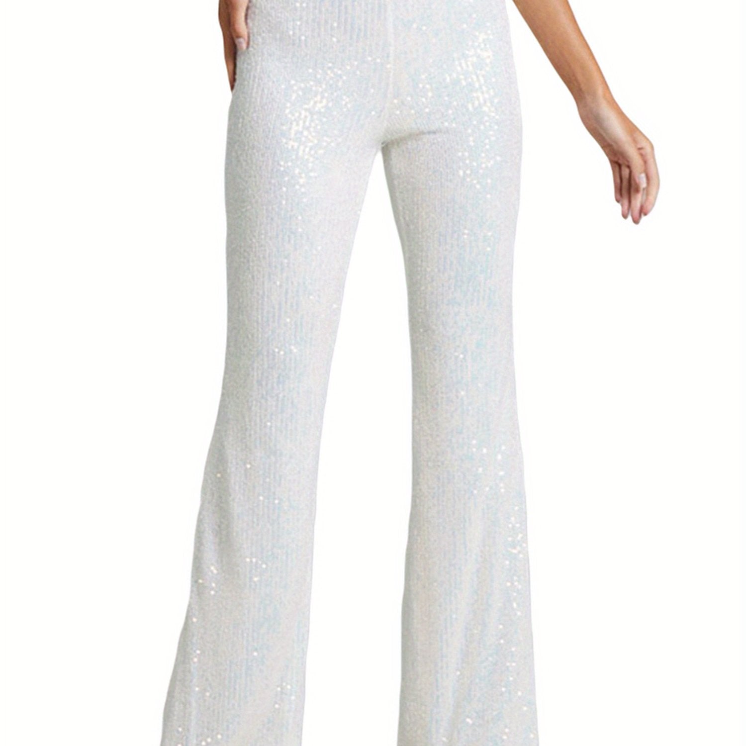 Women'S Elegant High-Waist Slim Flared Pants with Sequin Detail - Black, Elastic Waistband, Bell Bottoms for Spring\u002FSummer\u002FFall, Seasonal Fashion, Sophisticated Style, Glittery Finish
