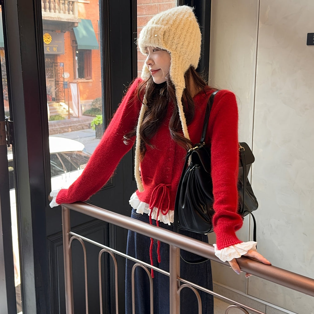 Women's Red Lace Trim Cardigan with Fitted Waist & Puff Sleeves - Cozy Machine-Washable Round Neck Sweater for Fall Winter Layering, Sweater Cardigan, Layering Piece, Crochet Texture, Textured Knitwear