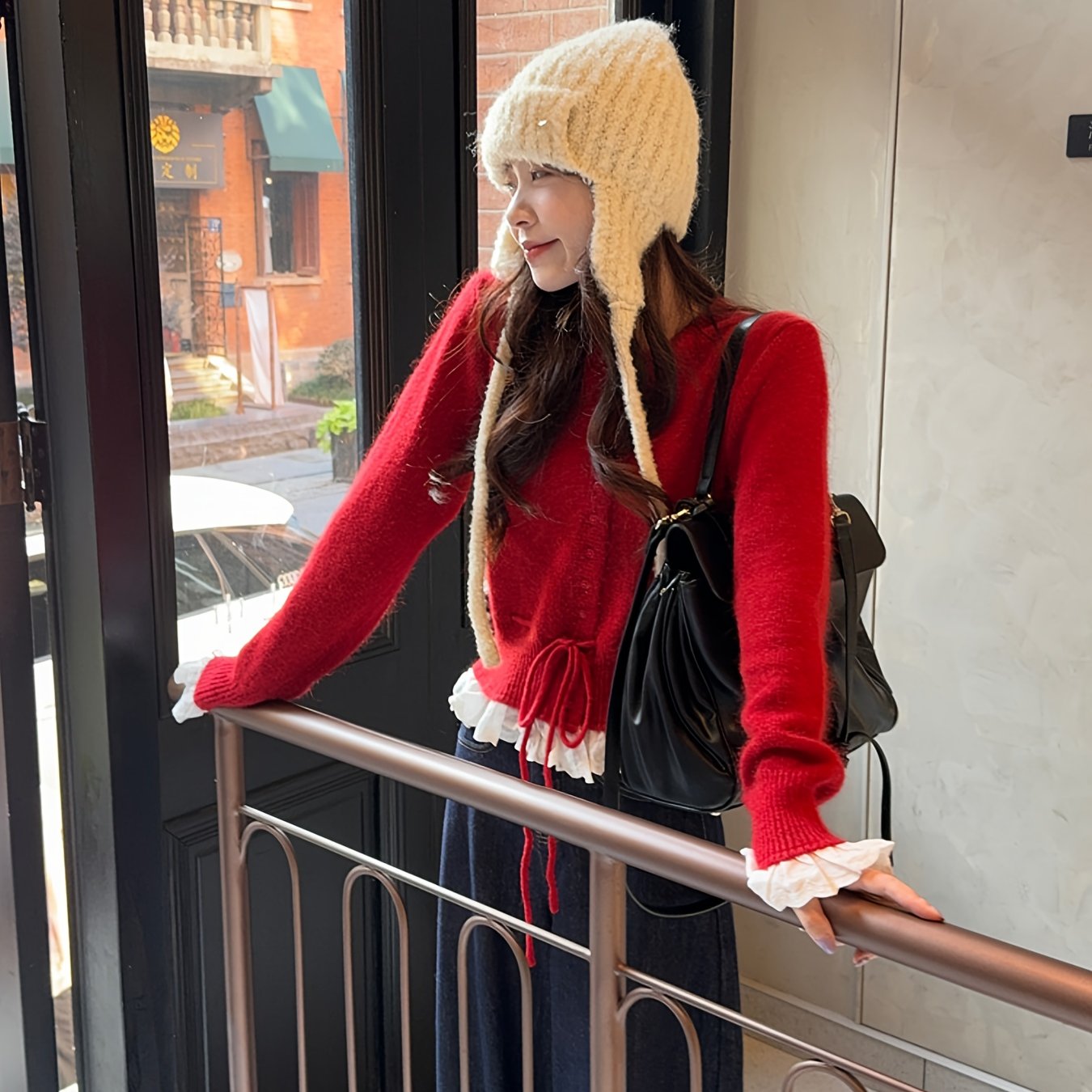 Women's Red Lace Trim Cardigan with Fitted Waist & Puff Sleeves - Cozy Machine-Washable Round Neck Sweater for Fall Winter Layering, Sweater Cardigan, Layering Piece, Crochet Texture, Textured Knitwear