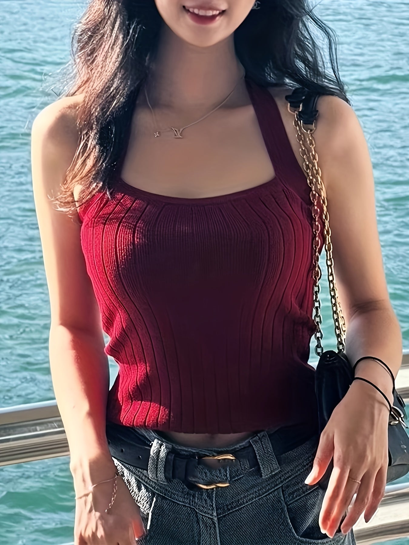 Chic Red Halter Neck Tank Top for Women - Sleeveless Ribbed with Bow Detail, Perfect for Spring\u002FSummer\u002FFall, French-Inspired Slim Fit Backless Design, Summer Tank Tops