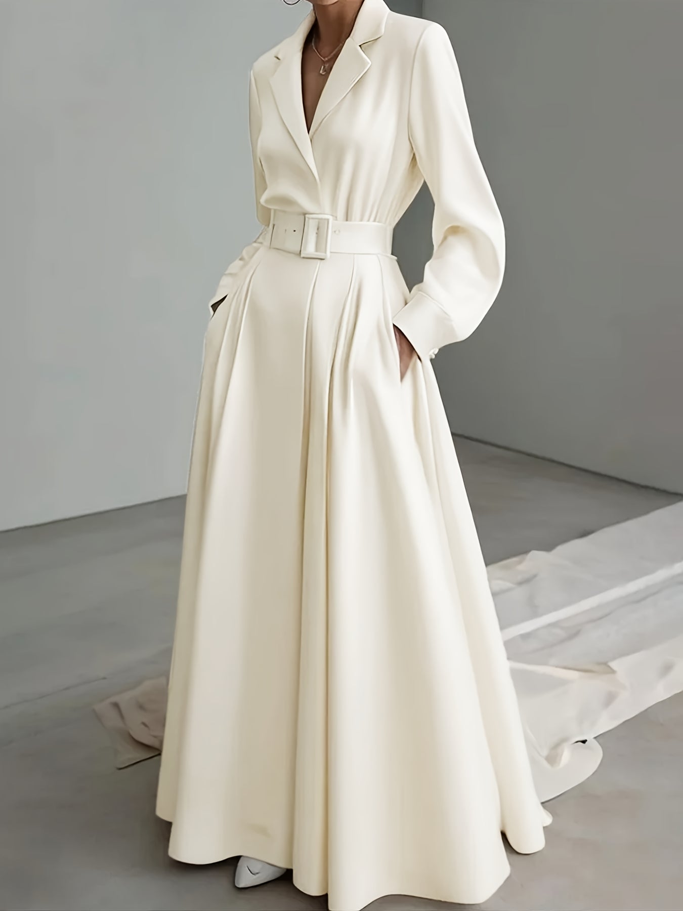Women's Elegant Collar Dress - Fitted Solid Color Winter Wedding Guest Gown, Machine Washable Fall\u002FWinter Party Dress, Tailored Elegant Outfit for Special Occasions & Casual Attire (Non-)