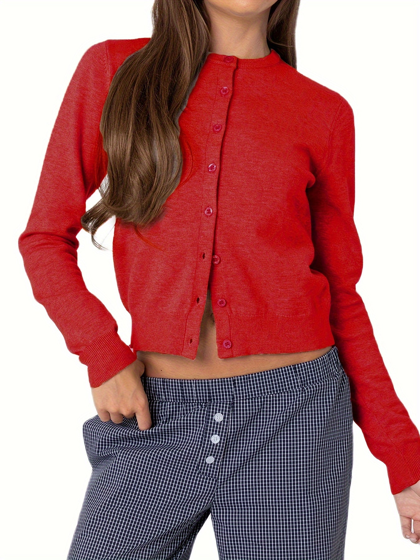 Women's Casual Solid Color Cardigan - Long Sleeve, Button-Up Knitwear with Round Neck, Machine Washable