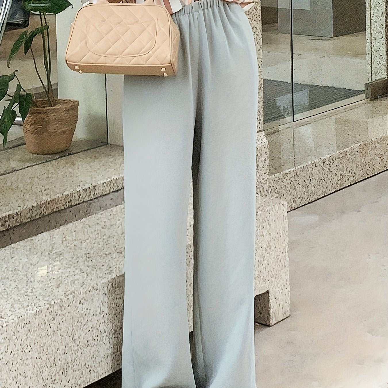 Women's Light Grey Straight-Leg Casual Pants - Non-Stretch Acetate Trousers with Pockets, Regular Fit Long Length for Spring\u002FFall, Versatile for Commuting & Casual Outings, Spring Fall Clothing, Minimalist Design, Practical Pockets